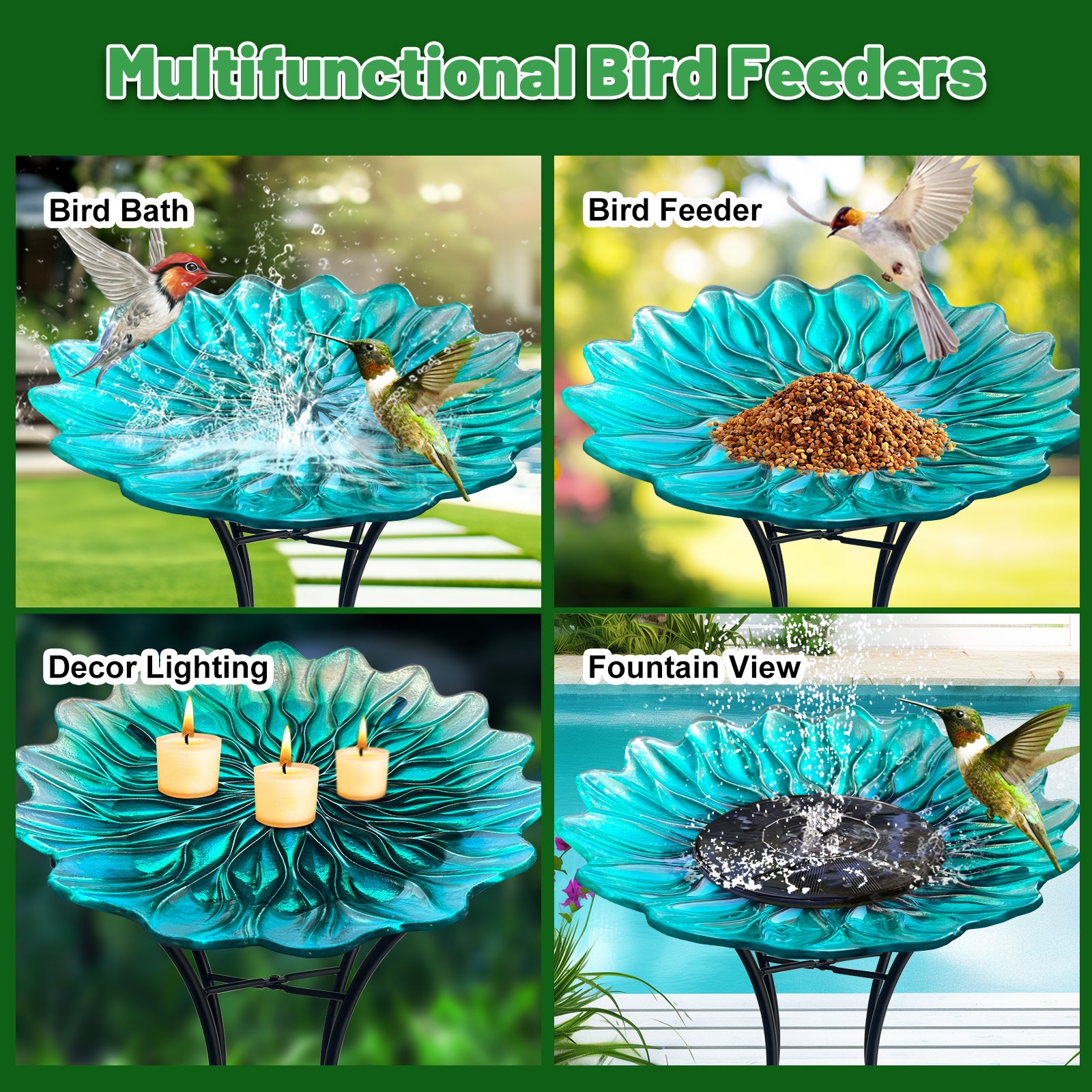 Green Glass Bird Bath with Metal Stand Garden Decor