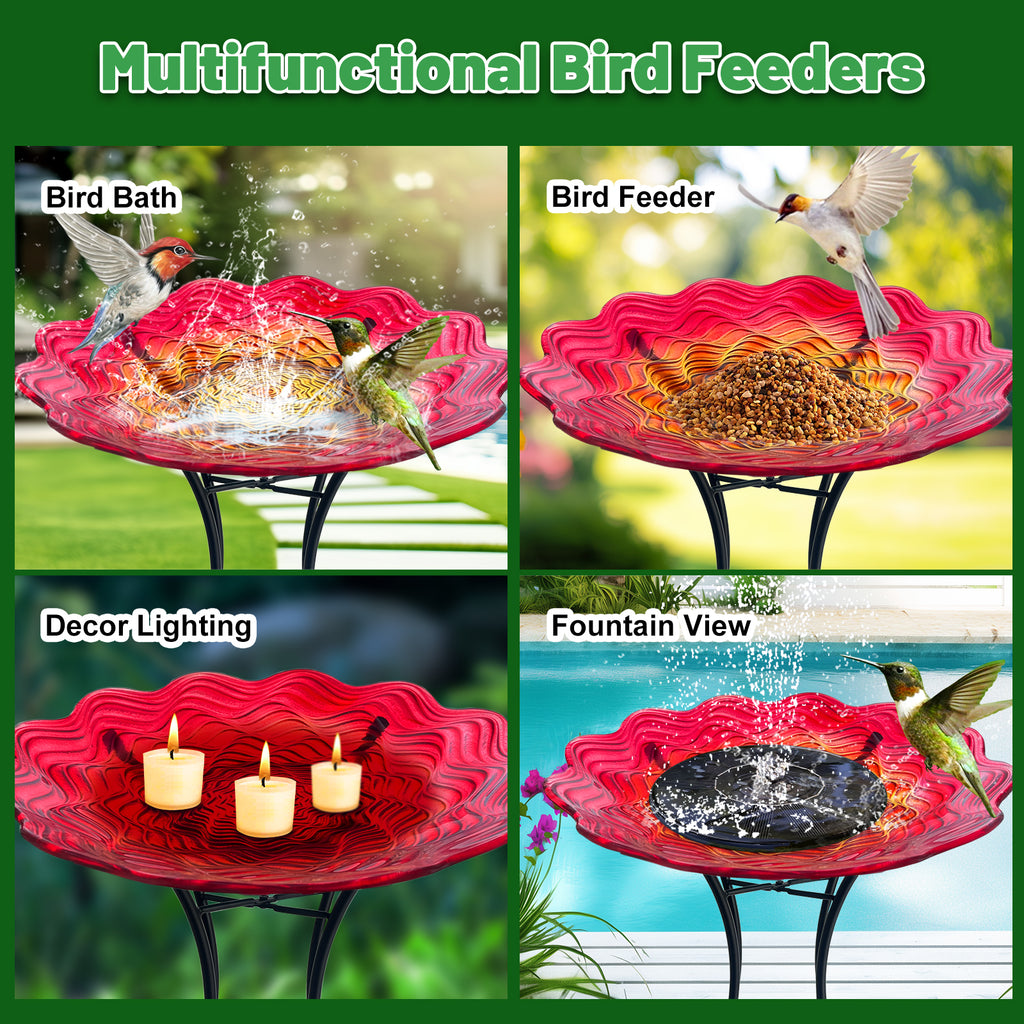 Red Yellow Glass Bird Bath with Metal Stand Garden Decor