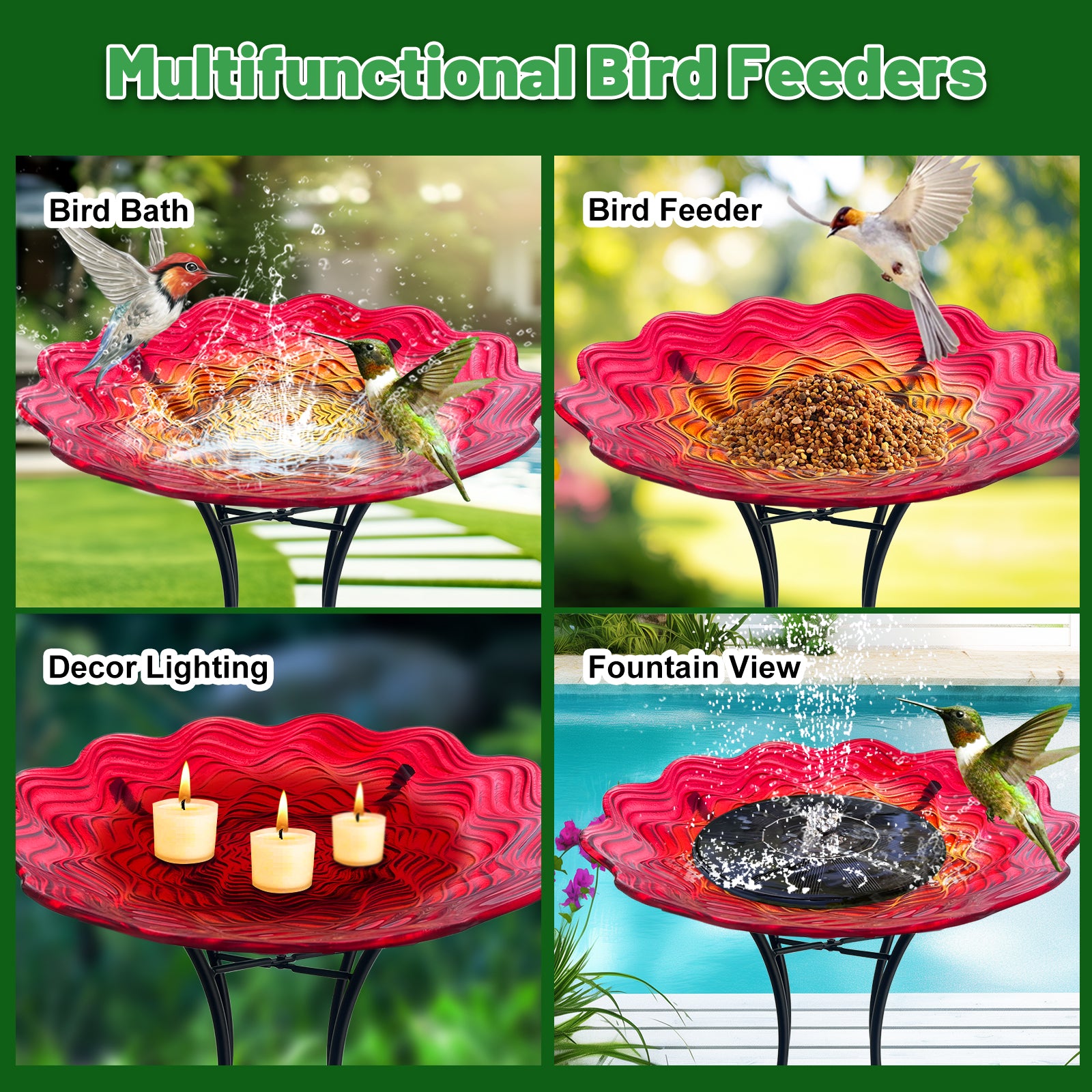 Red Yellow Glass Bird Bath with Metal Stand Garden Decor