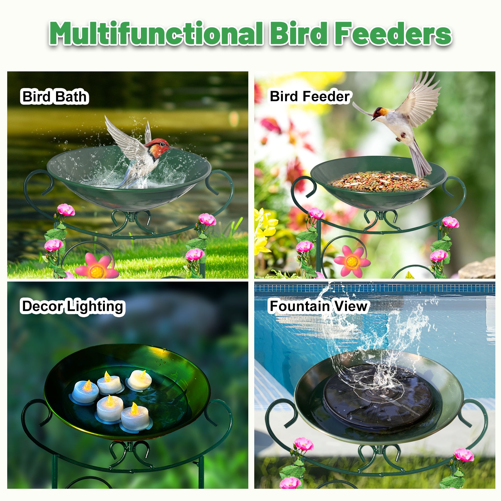 Green Hummingbird Metal Bird Bath Feeder Garden Stake