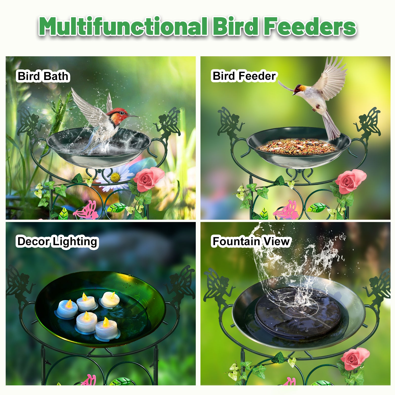 Green Fairy Metal Bird Bath Feeder with Flower Stand 36in
