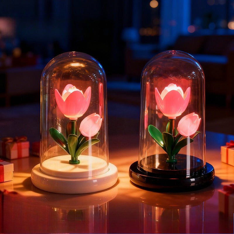 Glass Dome Flower Night Light Battery Powered LED Lamp