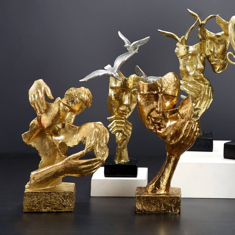 Gold Abstract Face Sculpture with Birds Modern Resin Decor