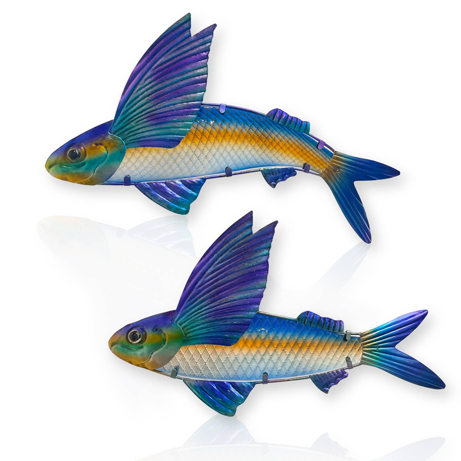Blue Metal Flying Fish Wall Art Set Coastal Decor