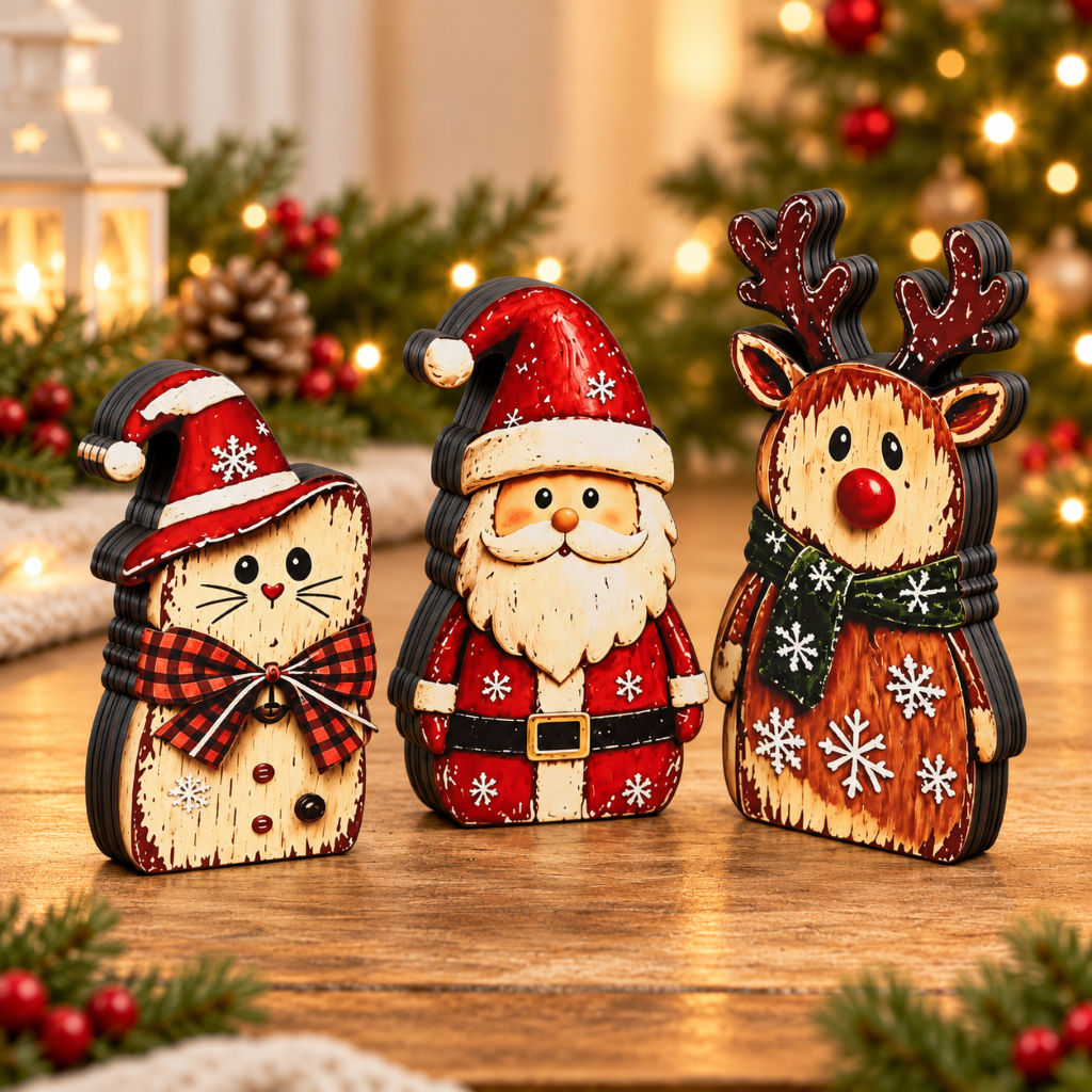 Christmas Wooden Santa Reindeer Cat Tabletop Figurines