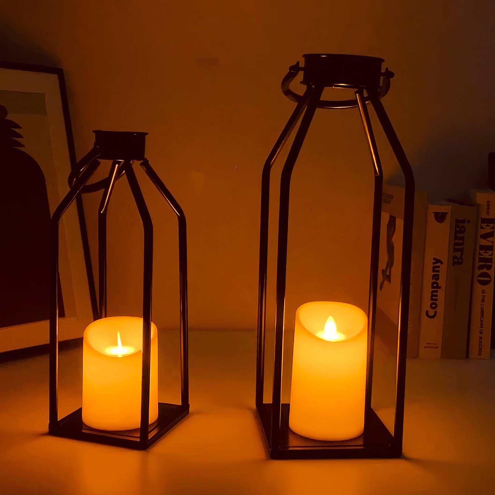 Modern Metal Candle Lantern Set with LED Flameless Lights