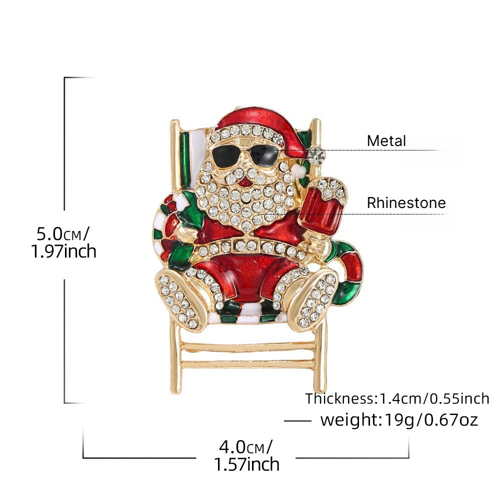 Santa Beach Chair Rhinestone Brooch Christmas Holiday Pin