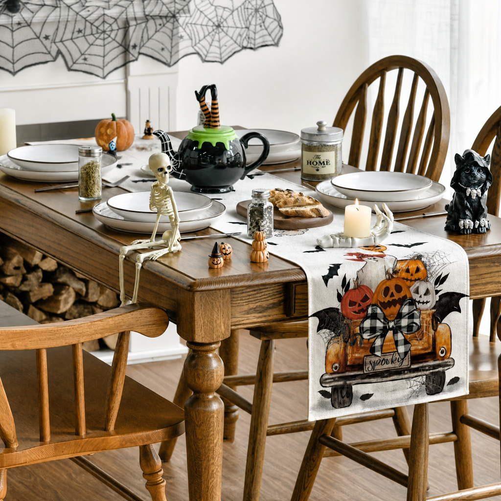Halloween Linen Look Table Runner Festive Pumpkin Decor