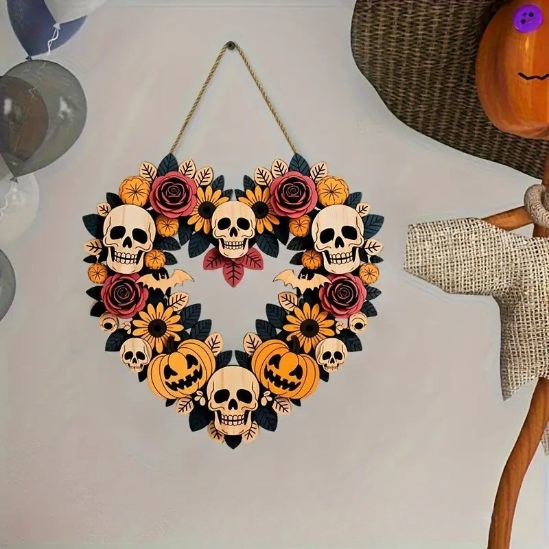Wooden Halloween Skull Wreath Hanging Door Decor