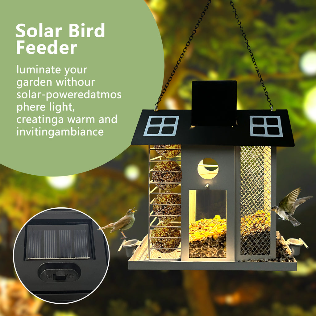 Solar Metal Bird Feeder House Black White Outdoor Decor