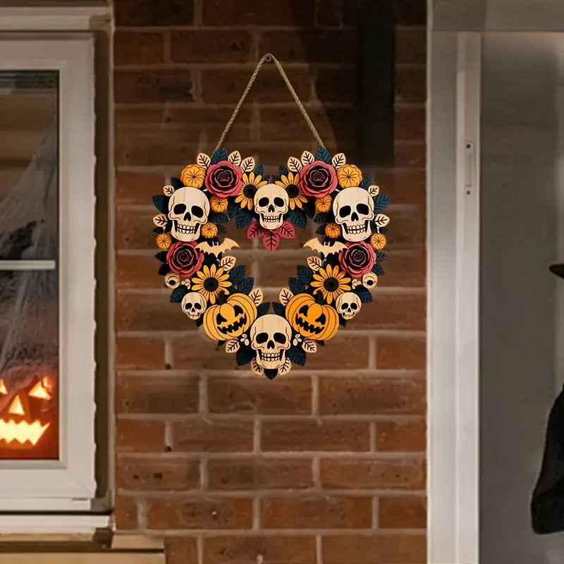 Wooden Halloween Skull Wreath Hanging Door Decor