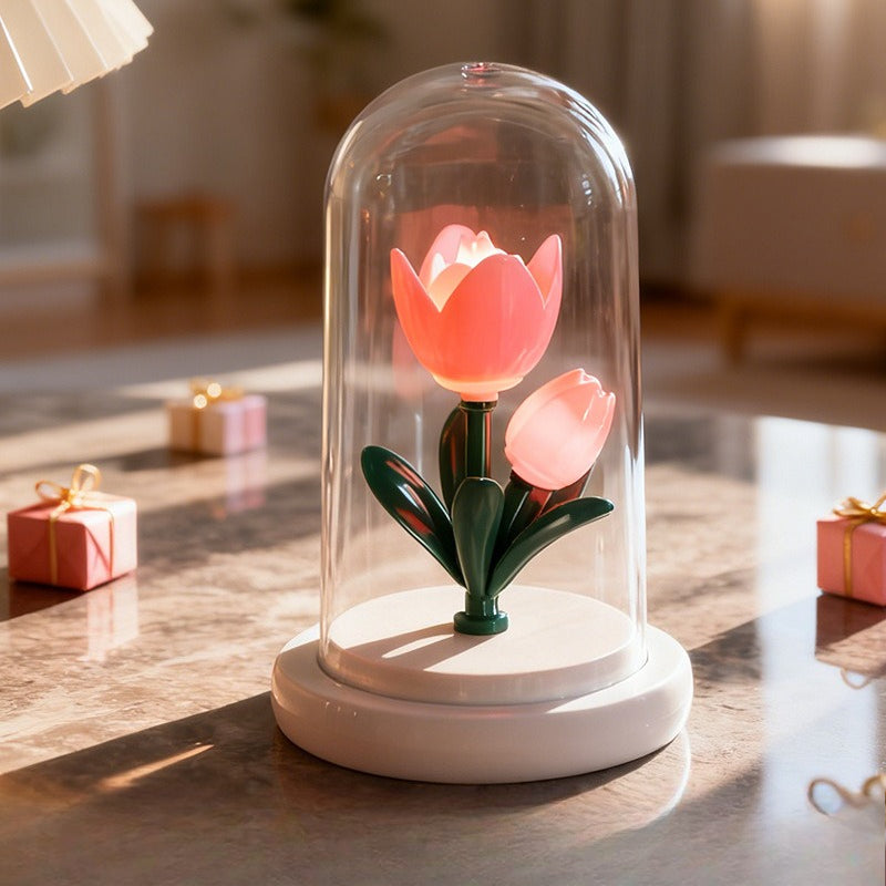 Glass Dome Flower Night Light Battery Powered LED Lamp