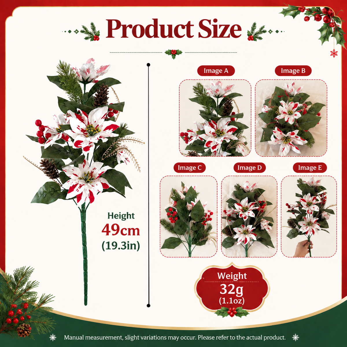 Artificial Poinsettia Christmas Flower Arrangement with Pine Berry Accents