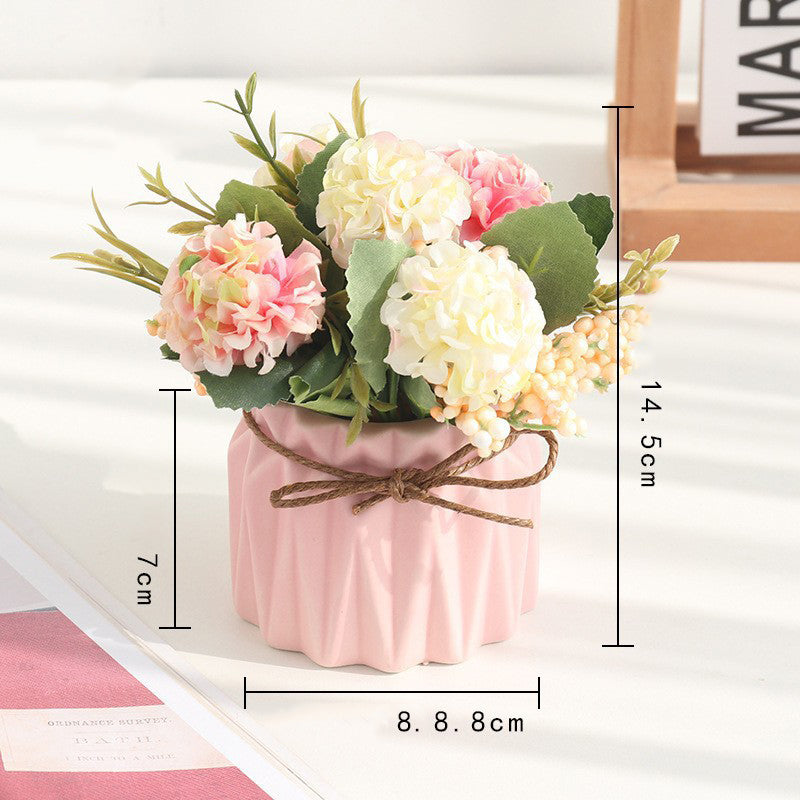 Hydrangea Faux Flower Ceramic Pot Tabletop Decor