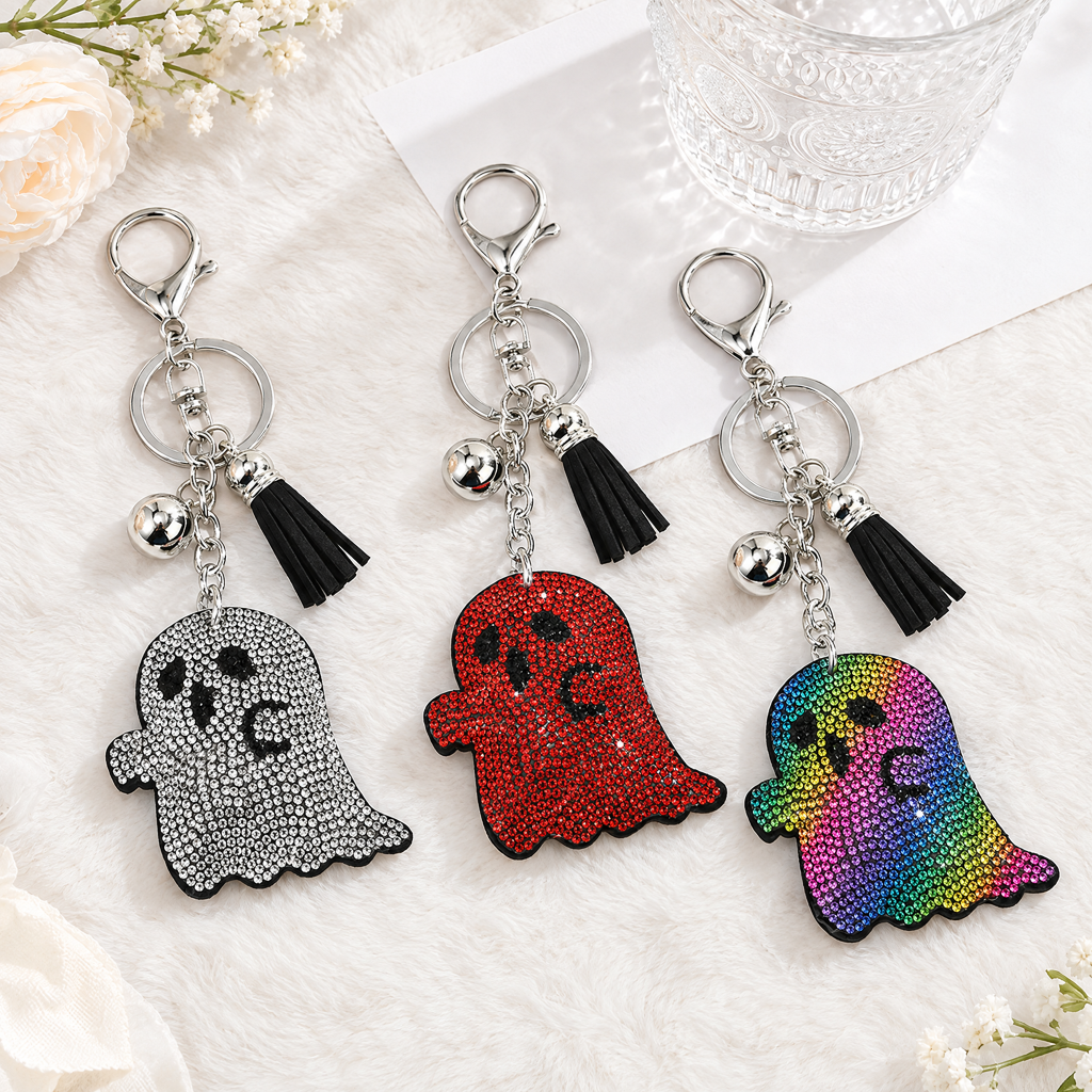 Rhinestone Ghost Keychain Tassel Halloween Bag Charm
