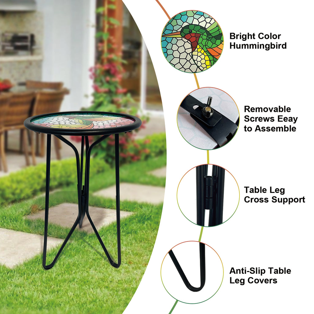 Hummingbird Metal Glass Patio Accent Side Table 12in
