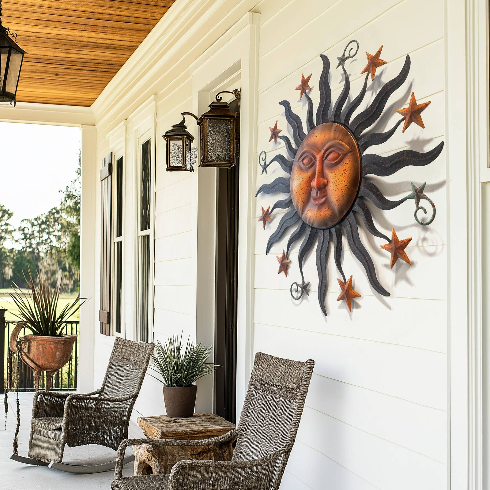 Metal Sun and Stars Wall Art Decor in Rustic Bronze Finish
