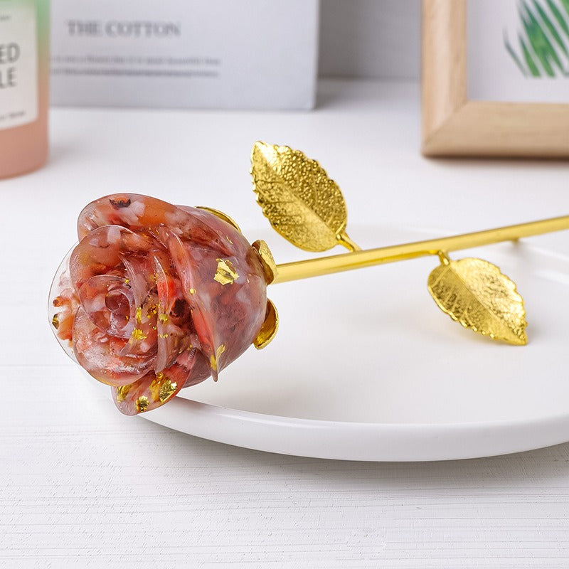Resin Crystal Stone Flower Stem Decor with Metal Leaves