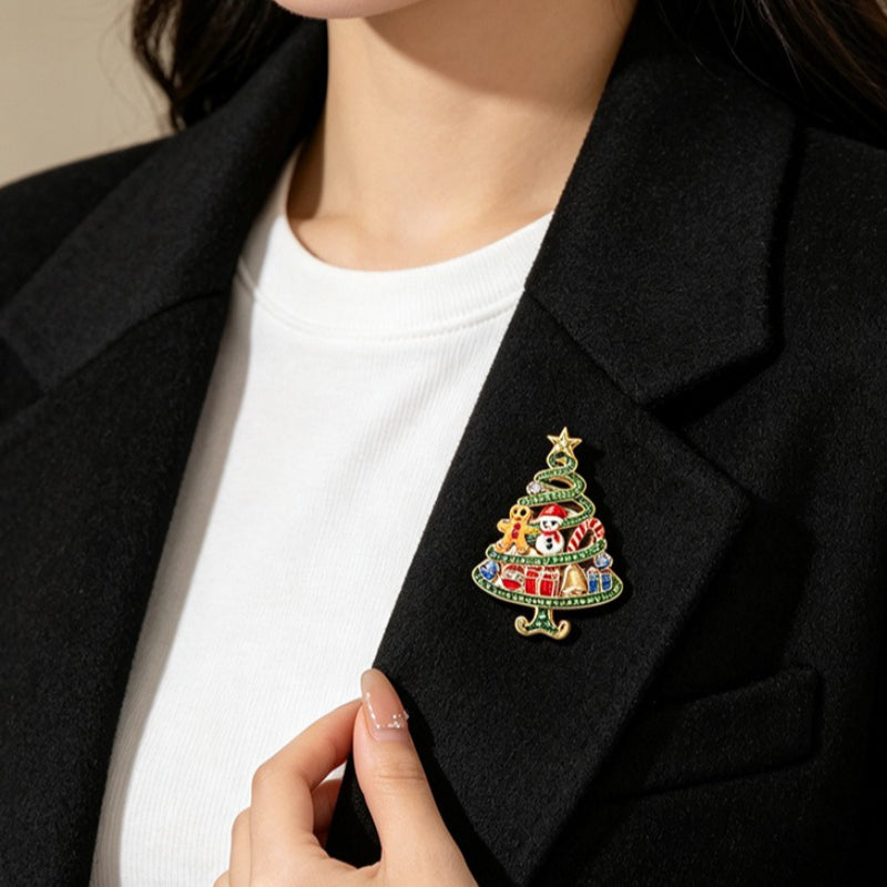 Christmas Tree Gingerbread Man Rhinestone Brooch Pin Holiday Jewelry