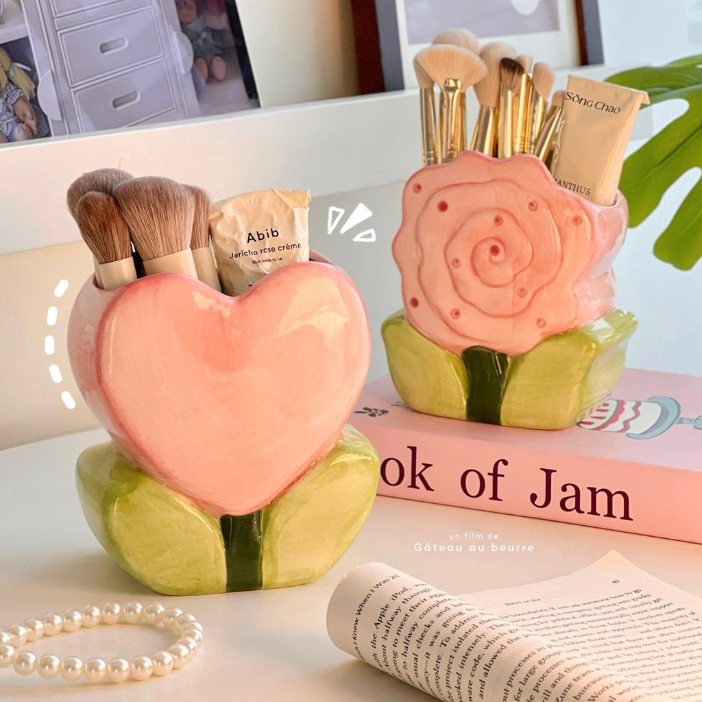 Flower Heart Ceramic Makeup Brush Holder Desk Organizer