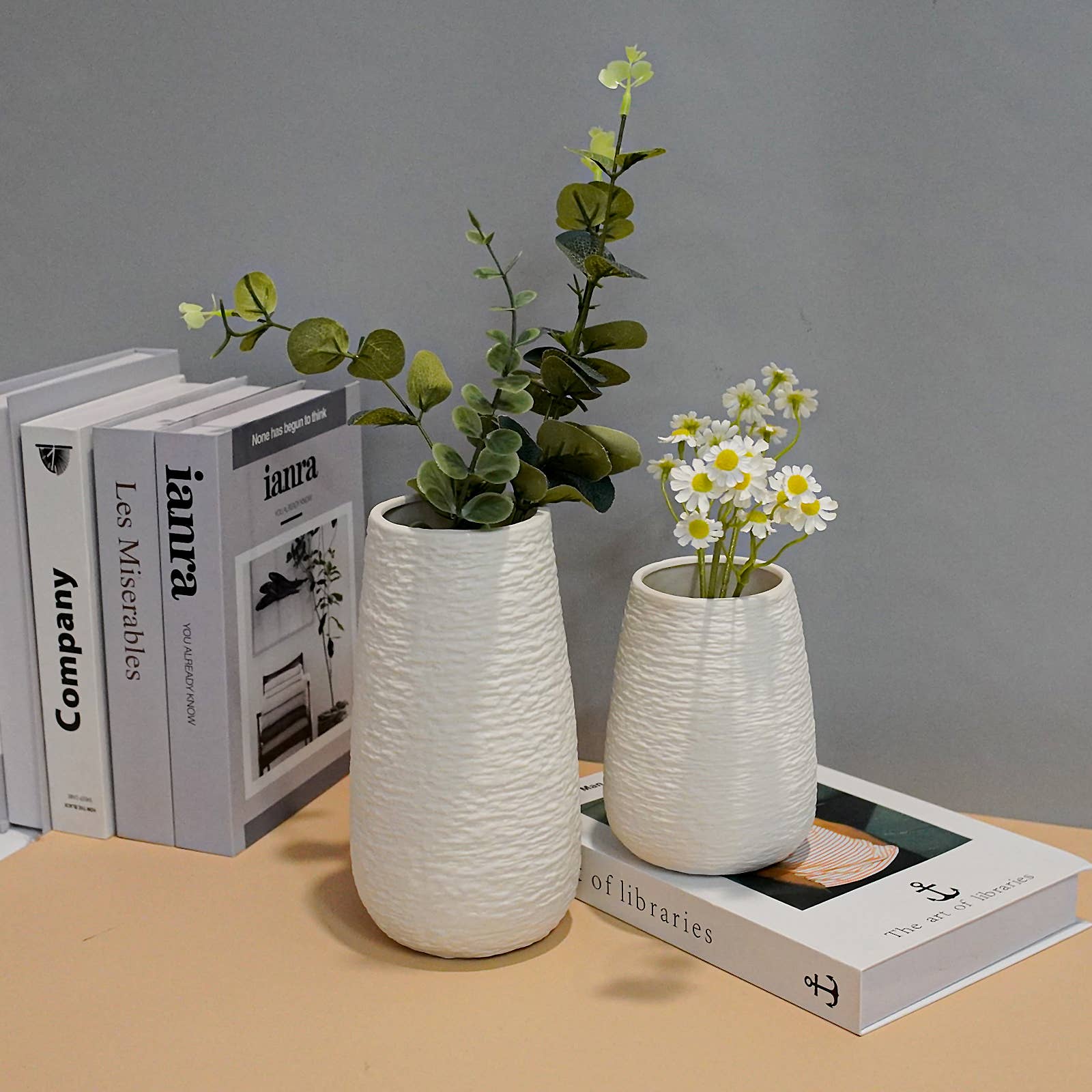 Set of 2 White Textured Ceramic Vases for Modern Home Decor