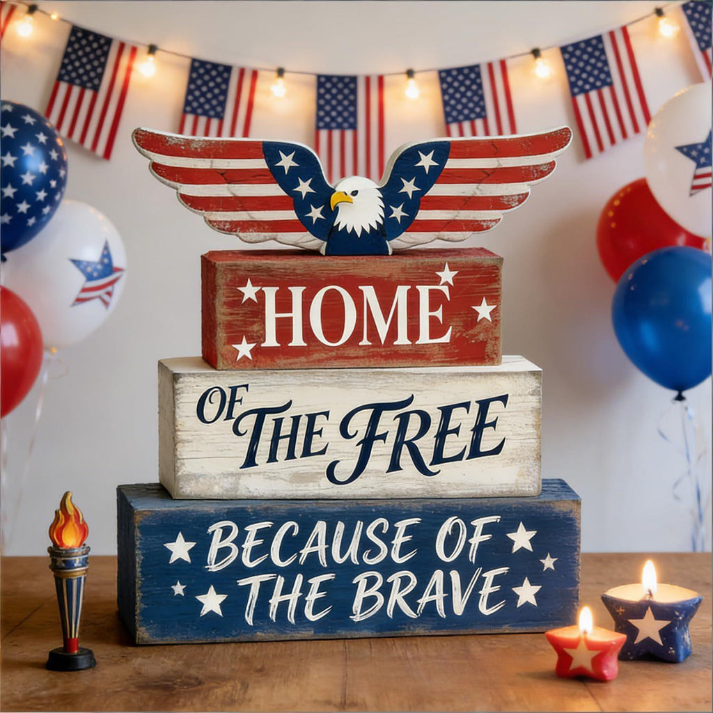 Patriotic Wooden Block Decor Home of the Free Sign