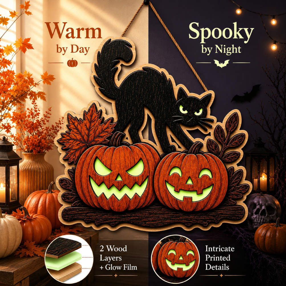 Wooden Halloween Hanging Decor Black Cat Skull Pumpkin Light Up Sign