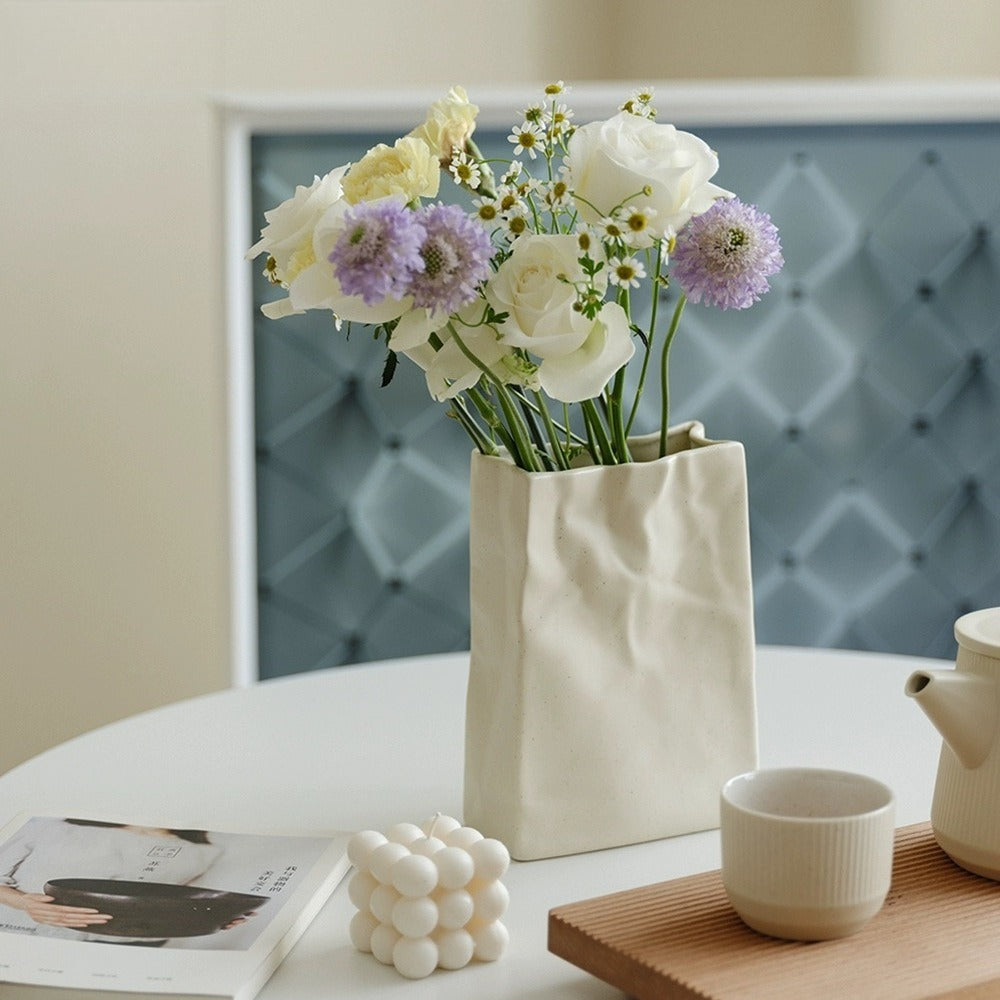Modern Ceramic Paper Bag Vase Minimalist Desk Table Decor
