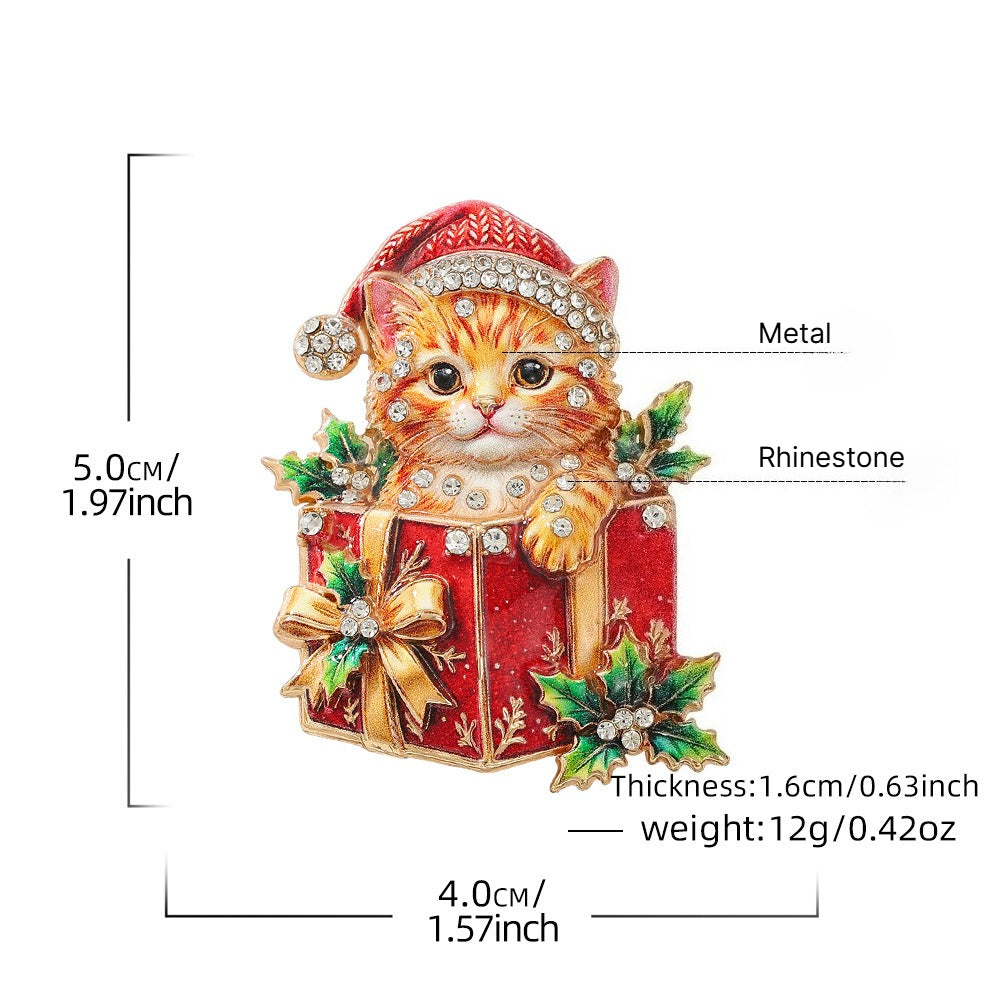 Christmas Cat Brooch Rhinestone Gift Box Pin
