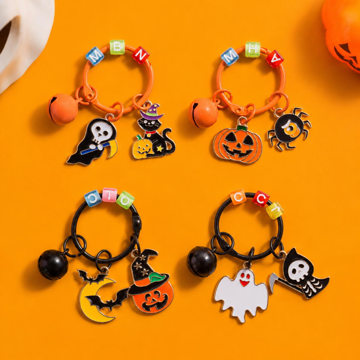 Metal Halloween Skull Cat Witch Charm Keychain