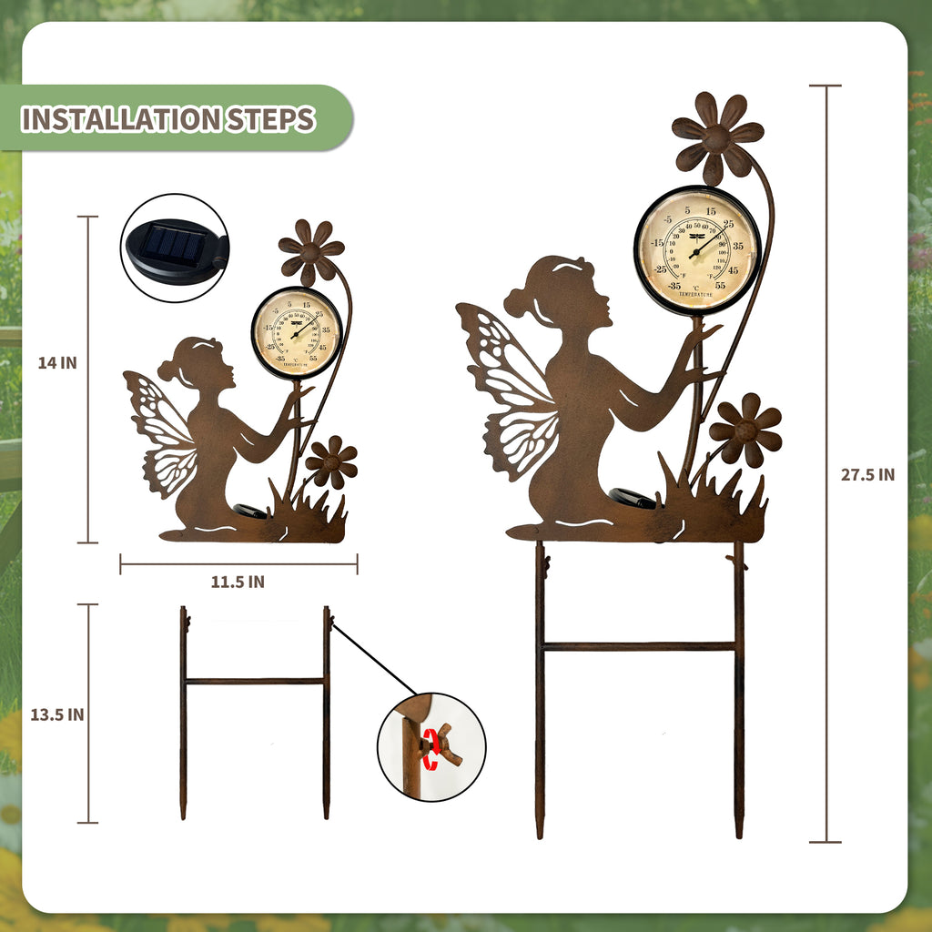Solar Fairy Thermometer Garden Stake Outdoor Decor