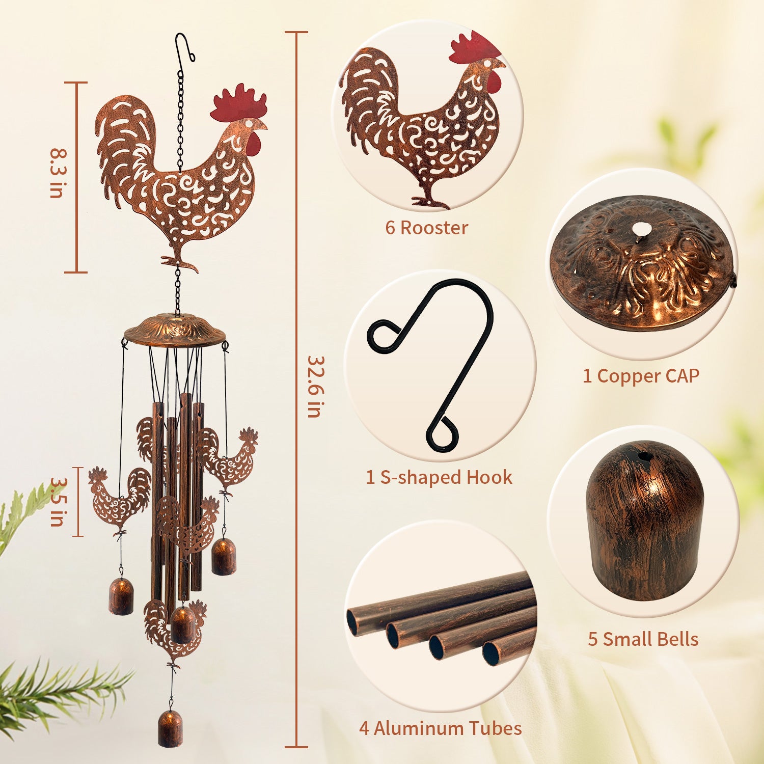 Antique Bronze Rooster Metal Wind Chime for Garden Decor