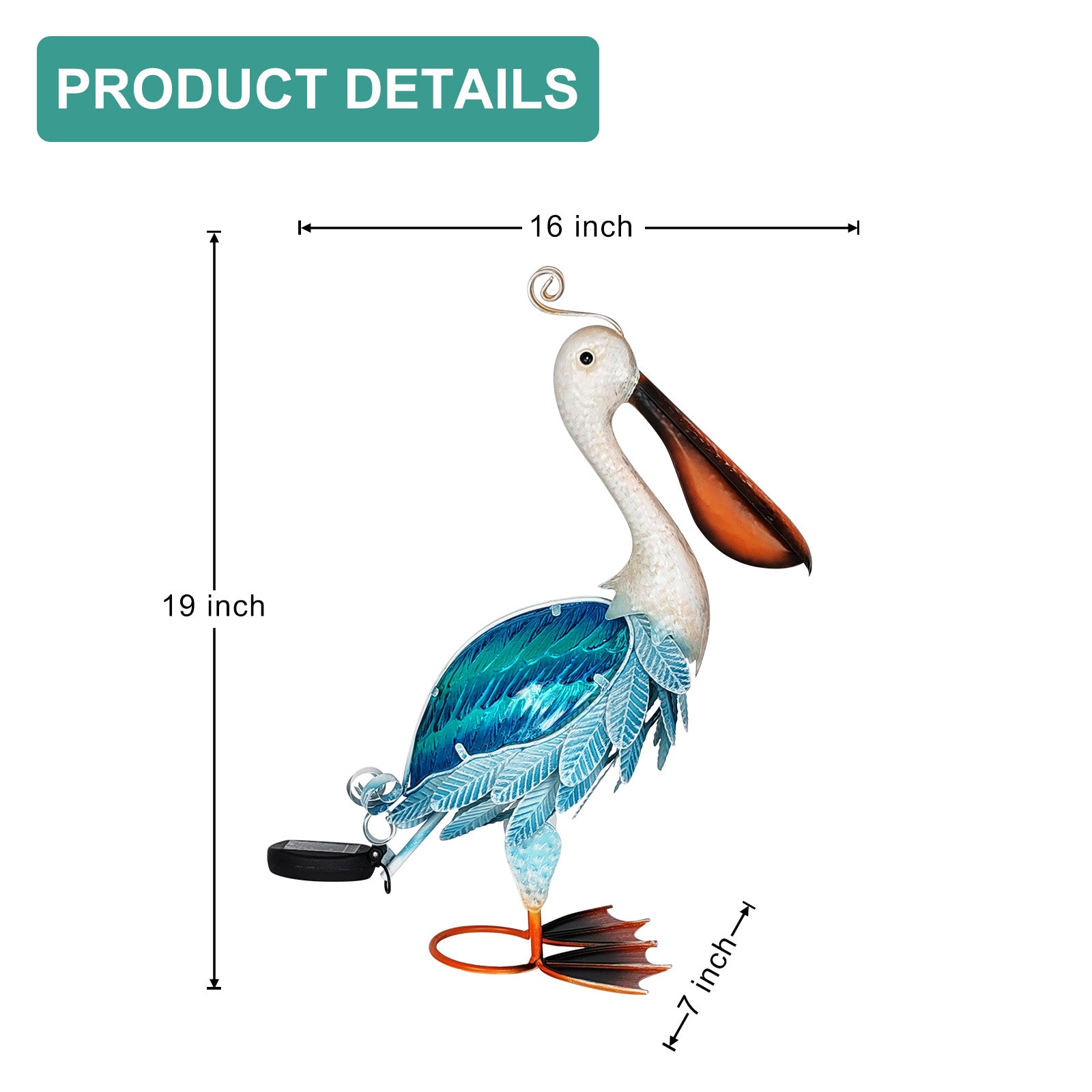 Blue Solar Metal Glass Pelican Garden Statue 19in