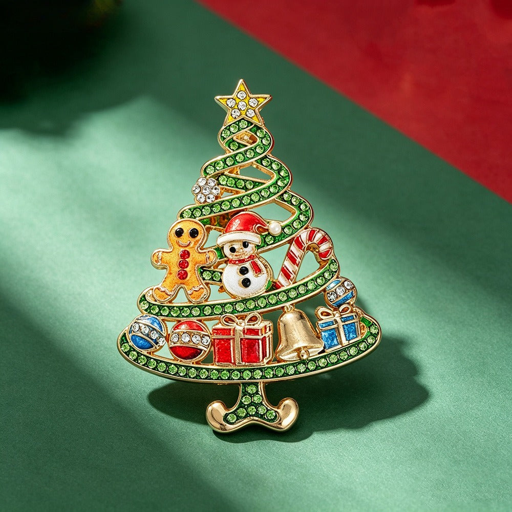 Christmas Tree Gingerbread Man Rhinestone Brooch Pin Holiday Jewelry
