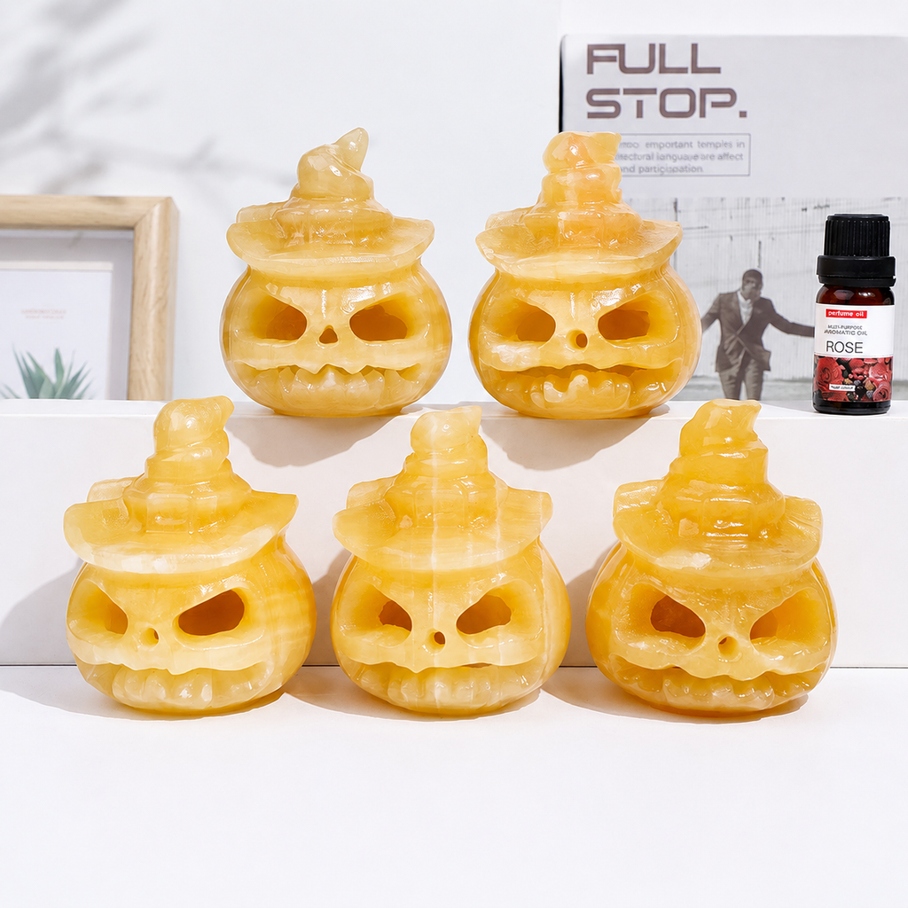 Natural Yellow Calcite Carved Pumpkin Figurine Decor