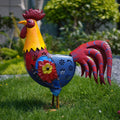 Solar Metal Rooster Statue with Colorful Glass Flower Decor