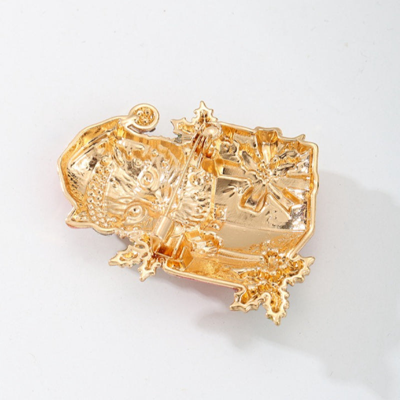 Christmas Cat Brooch Rhinestone Gift Box Pin