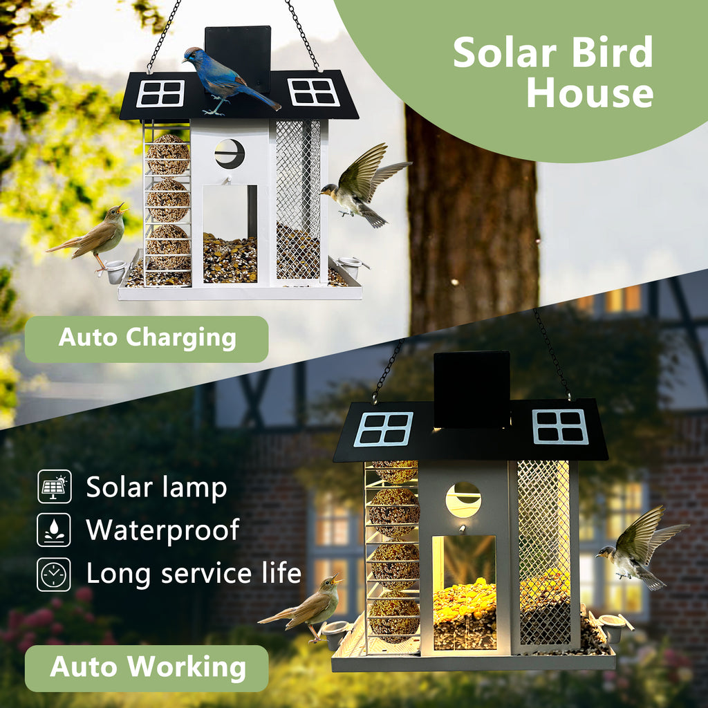 Solar Metal Bird Feeder House Black White Outdoor Decor