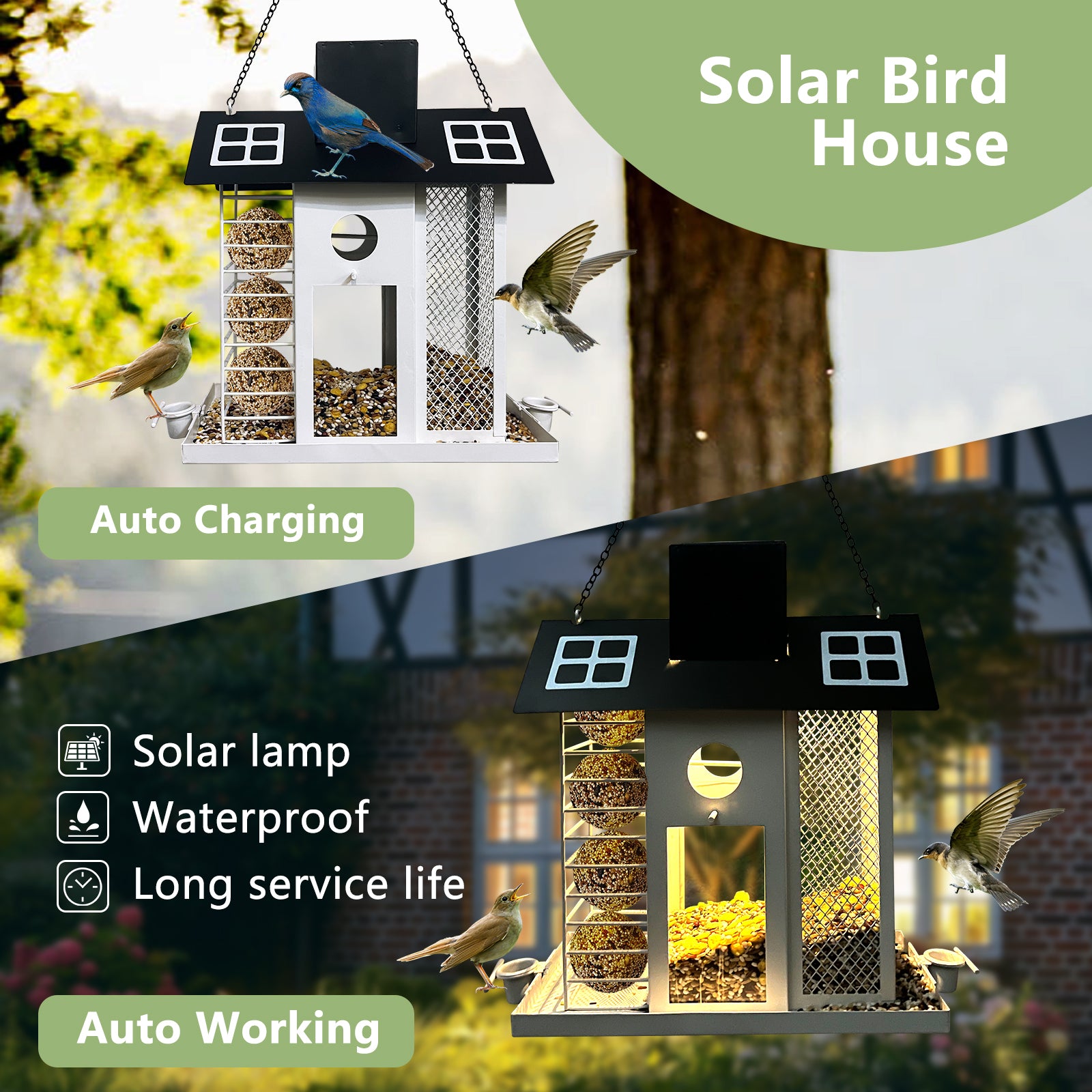 Solar Metal Bird Feeder House Black White Outdoor Decor