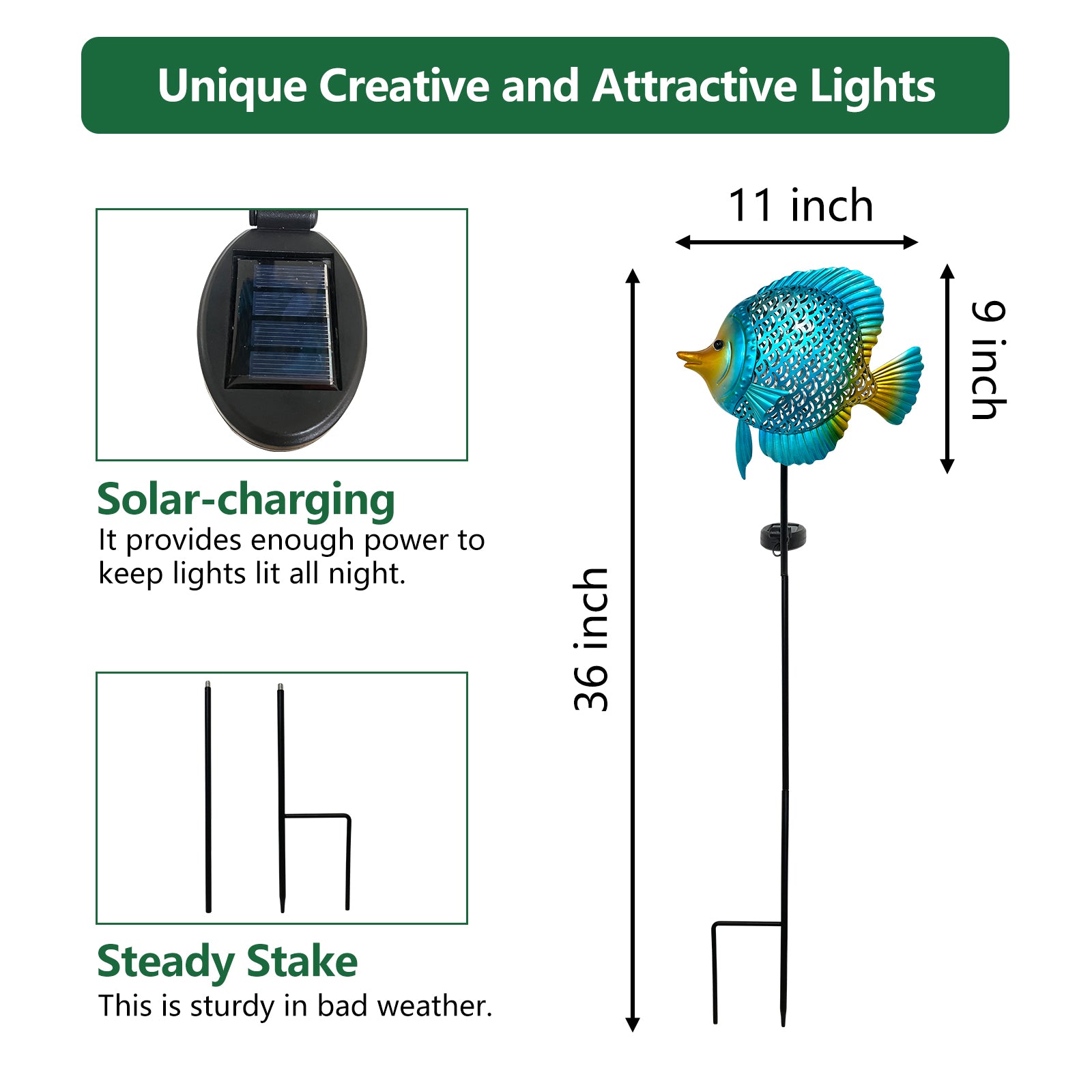 Solar Metal Fish Garden Stake Light 36 Inch Outdoor Decor
