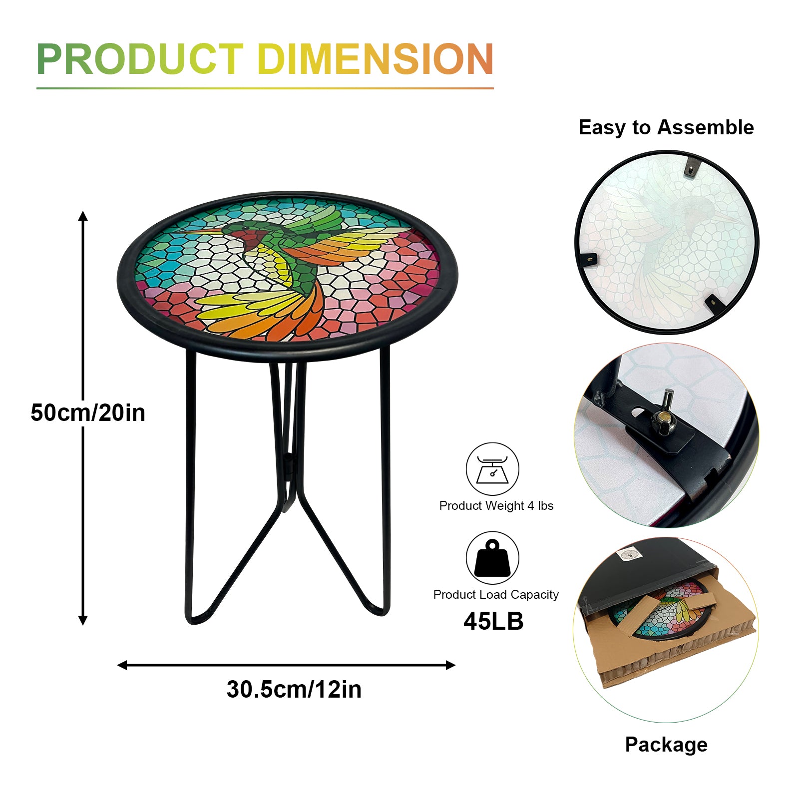 Hummingbird Metal Glass Patio Accent Side Table 12in