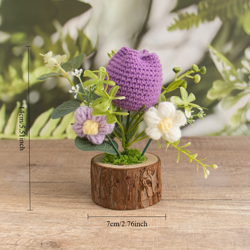 Crochet Tulip Flower Pot Handmade Wooden Base Decor