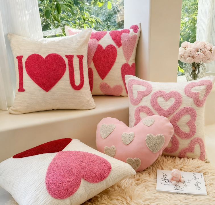 Valentine Heart Chenille Embroidered Decorative Throw Pillow