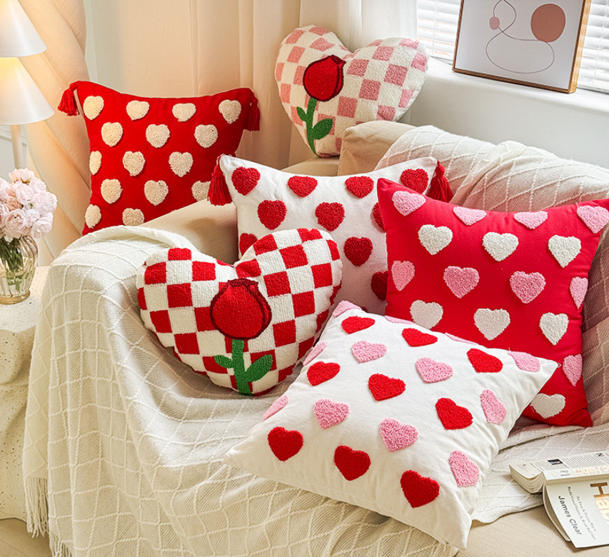 Chenille Heart Valentine Decorative Pillow with Rose Design