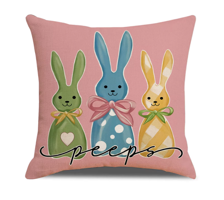 Easter Bunny Egg Print Linen Throw Pillow Cover 18x18