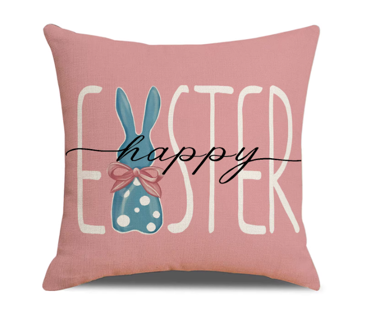 Easter Bunny Egg Print Linen Throw Pillow Cover 18x18