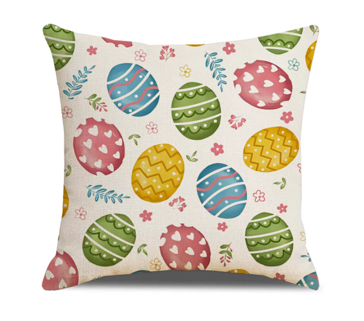 Easter Bunny Egg Print Linen Throw Pillow Cover 18x18
