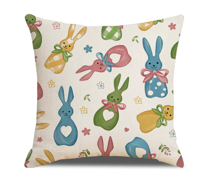Easter Bunny Egg Print Linen Throw Pillow Cover 18x18
